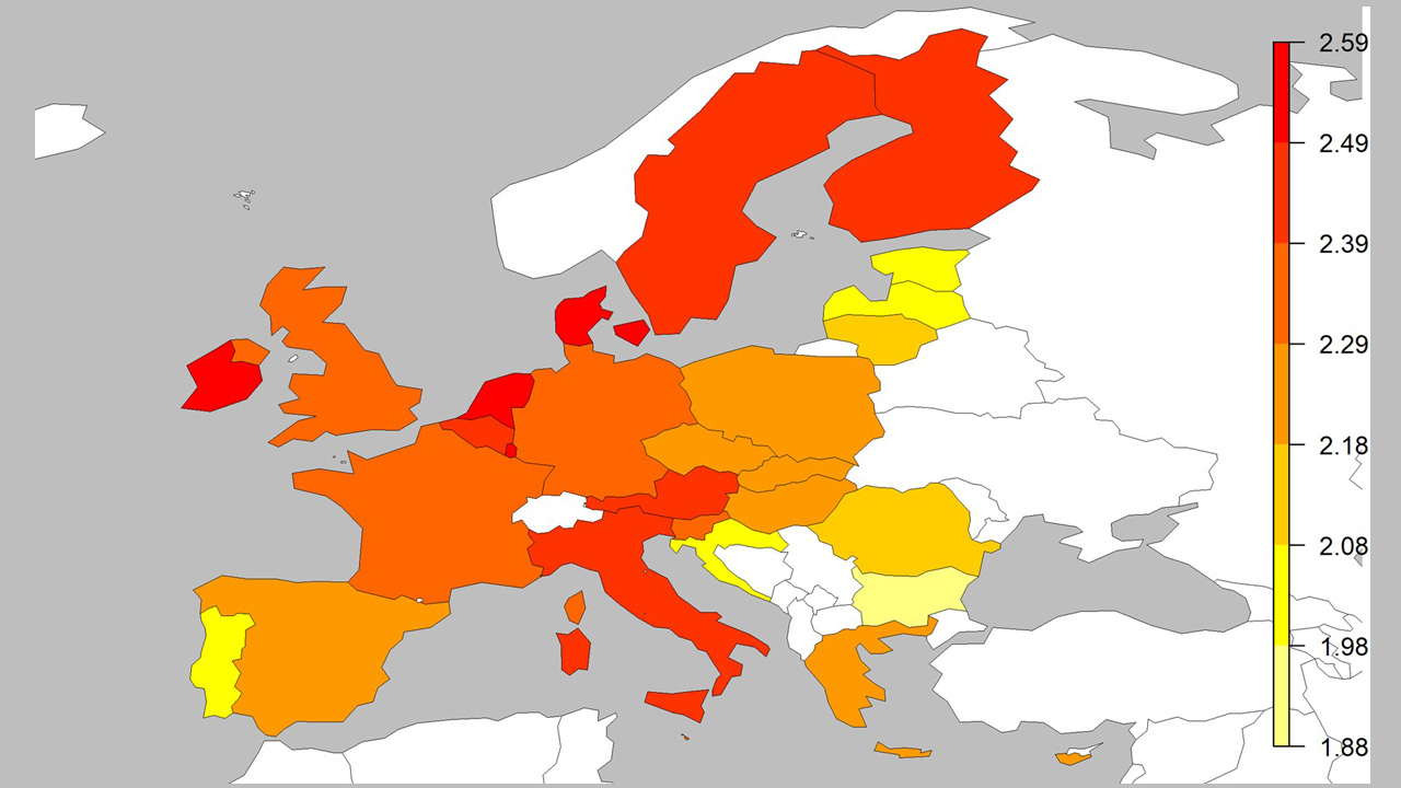 Europakarte zeigt Anteil der Krebserkrankungen in der EU im Jahr 2017, die auf leichten bis mäßigen Alkoholkonsum zurückzuführen sind, in % aller Krebserkrankungen, bei denen Alkohol ein Risikofaktor ist. Die Länder sind von gelb (1,88%) über orange bis rot (2,59%) eingefärbt.