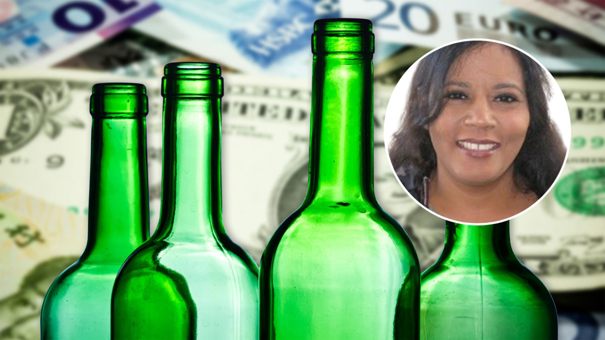 Weinflaschen vor Geldscheinen, eingeblendet die Autorin Dr. Sheila Dutta