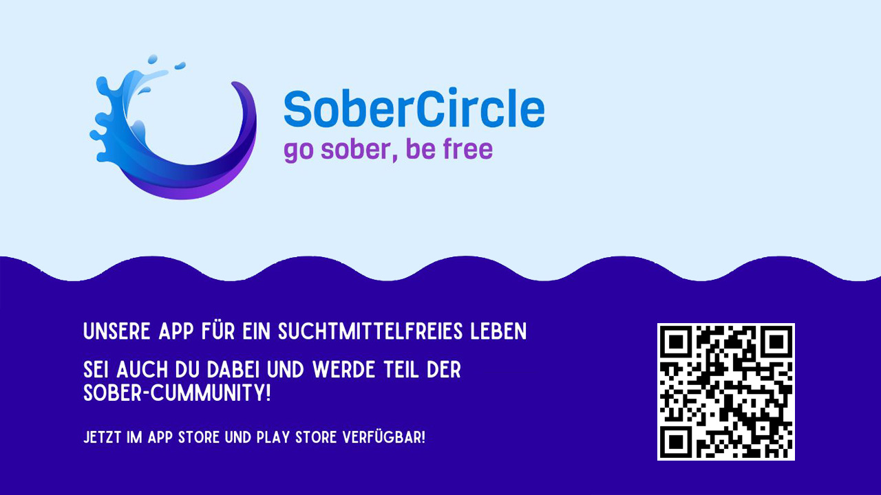 Werbegrafik für die SoberCircle-App mit QR-Code zum Herunterladen.