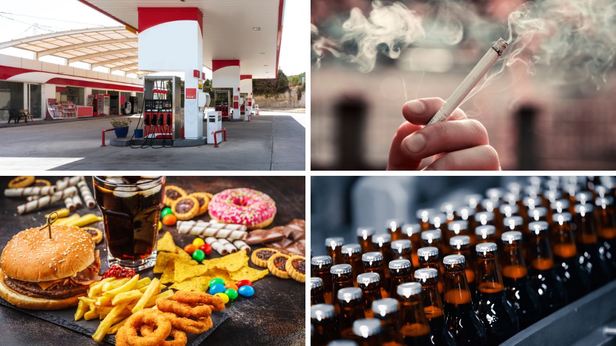 Tankstelle, qualmende Zigarette, Junk Food mit Cola und Bierabfüllanlage symbolisieren die vier Industriezweige, die für ein Drittel der weltweiten Todesfälle verantwortlich sind