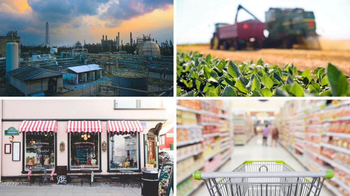 Chemiewerk, Mähdrescher, Tante-Emma-Laden und Supermarkt stehen für unterschiedliche Wirtschaftssubjekte