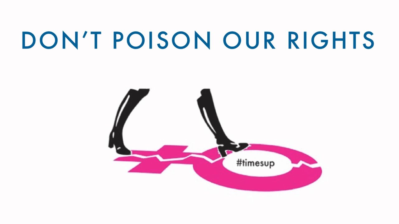 Schriftzug 'Don't poison our rights'. Darunter zwei schwarze Frauenstiefel, die auf ein am Boden ligendes Frauenzeichen zulaufen.