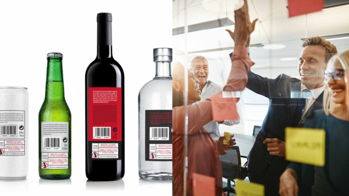 Zweiteiliges Bild: links Warnhinweise auf Flasche, rechts zwei junge Männer beim High Five