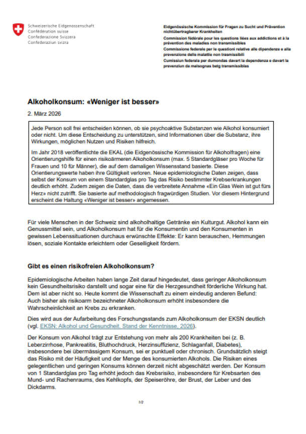Titelseite von 'Alkoholkonsum: Weniger ist besser'.