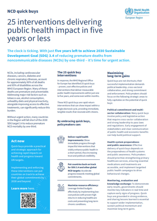 Titelseite 'NCD quick buys – 25 interventions delivering public health impact in five years or less'.