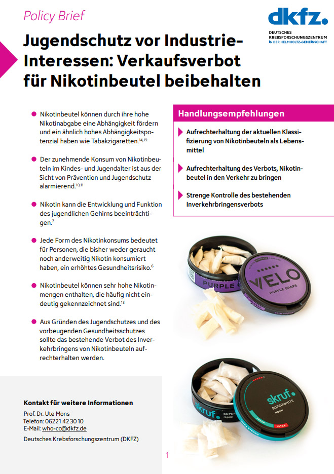 Titelseite des DKFZ-Policy Briefs zu Nikotinbeuteln.