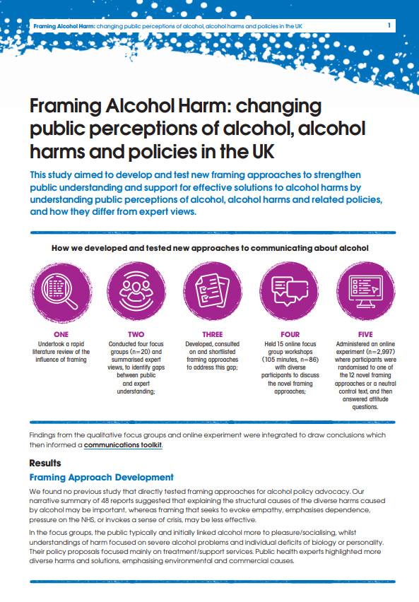 Titelseite 'Framing Alcohol Harm - Executive Summary'.