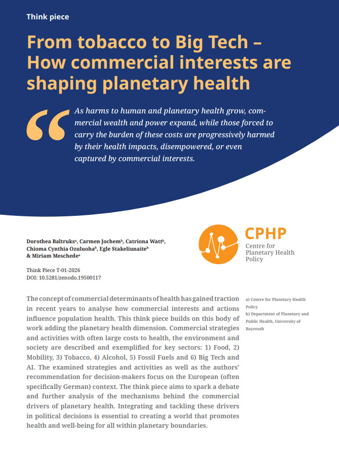 Titelseite 'From tobacco to Big Tech – How commercial interests are shaping planetary health'.
