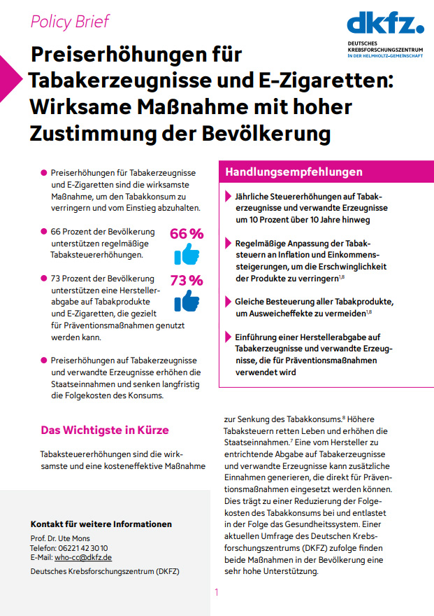 Titelseite des DKFZ-Policy Briefs 'Preiserhöhungen für Tabakerzeugnisse und E-Zigaretten'.