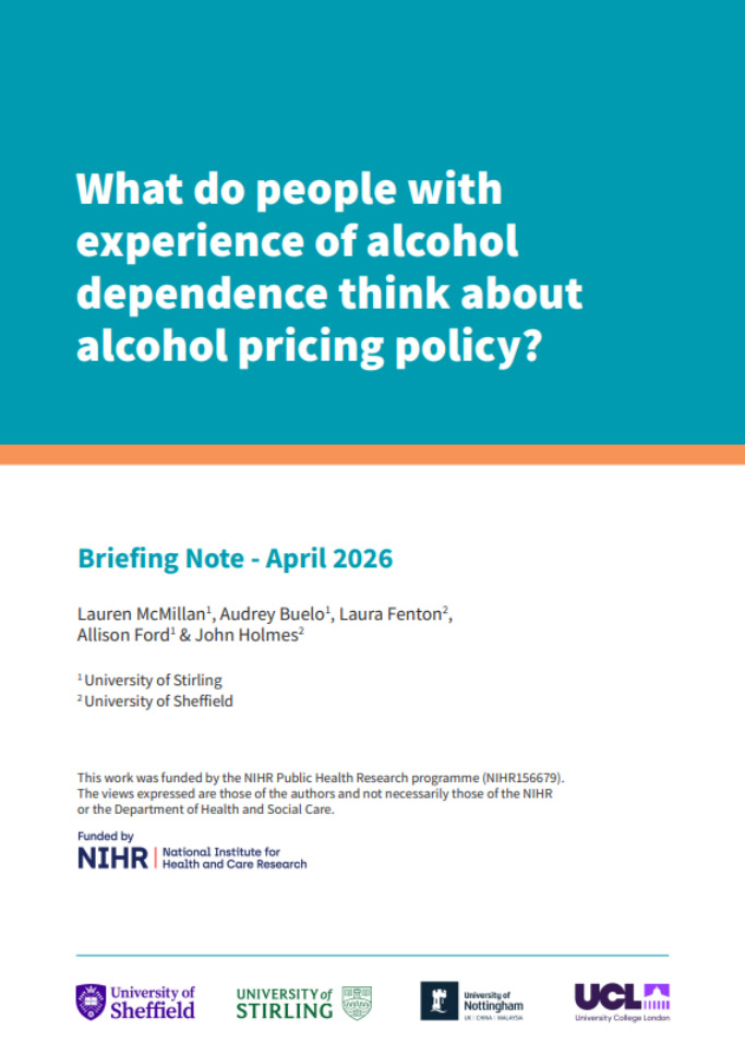 Titelseite der Kurzinfo 'What do people with experience of alcohol dependence think about alcohol pricing policy?'.