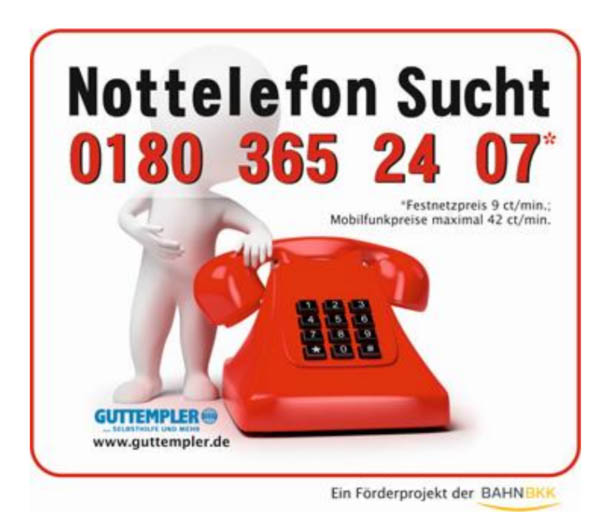 Logo mit Rufnummer des Nottelefons Sucht