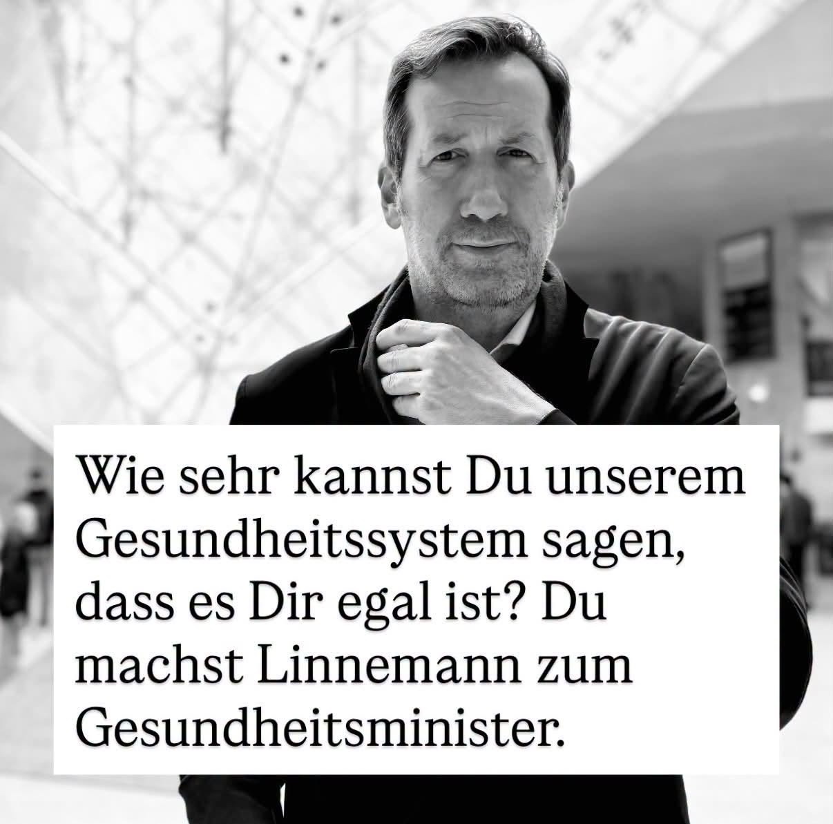 Porträt von Marc Raschke mit seinem Zitat: Wie sehr kannst du unserem Gesundheitssystem sagen, dass es dir egal ist? Du machst Linnemann zum Gesundheitsminister.